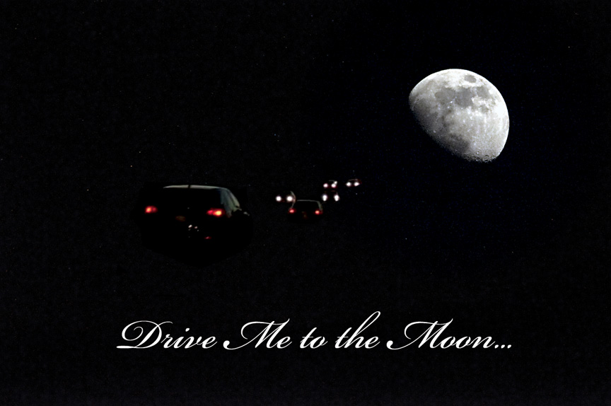 Cars driving through Outer Space to the Moon