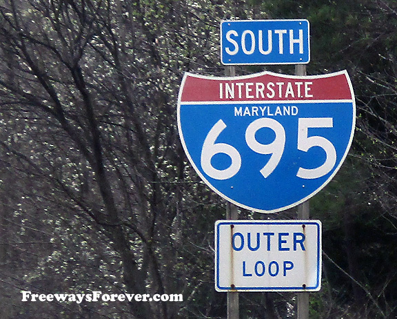 Maryland Interstate 695 Baltimore Beltway marker with Outer Loop sign