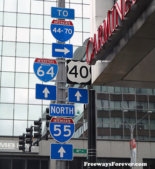 Multiple Interstate Highway signs in downtown St. Louis, Missouri