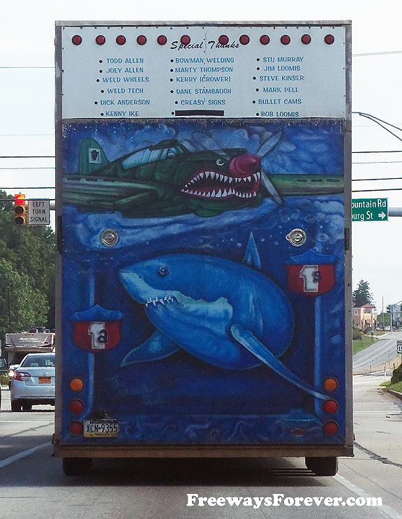 P40 Flying Tiger and Shark painted on truck trailer seen on U.S. Route 15 in Pennsylvania