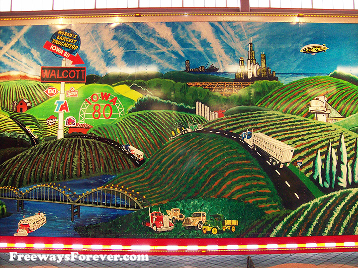 Close-up detail view of mural on truck trailer inside Iowa 80 World's Largest Truckstop at Wolcott, Iowa