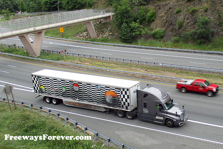 National Trucking tractor-trailer with 3dmediagroup graphics on trailer at Sideling Hill on Interstate 68 in Maryland