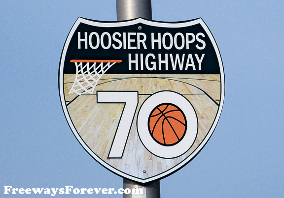 Hoosier Hoops 70 Interstate highway college basketball sign at Indianapolis, Indiana