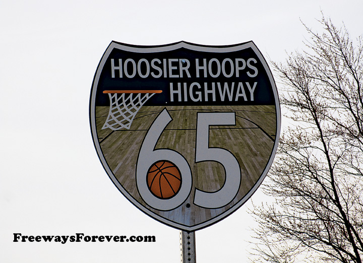Hoosier Hoops 65 Interstate highway college basketball sign at Indianapolis, Indiana