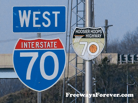 Hoosier Hoops 70 and Interstate 70 highway college basketball sign at Indianapolis, Indiana